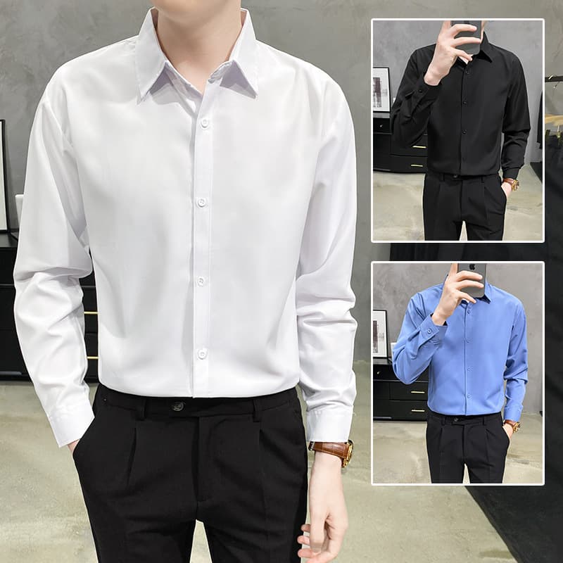 Men's Long-Sleeve Wrinkle-Free Business Casual Dress Shirt, Blue-Black