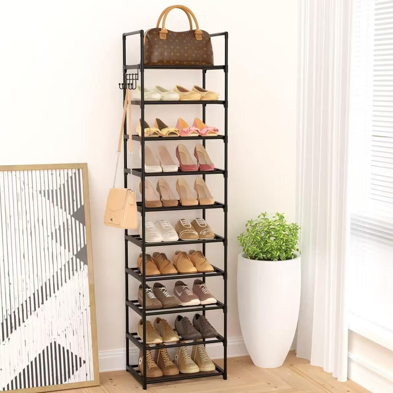 Hot-selling 10-tier single-row iron pipe storage rack shoe rack, Amazon dropshipping DIY assembly shoe rack bag organizer