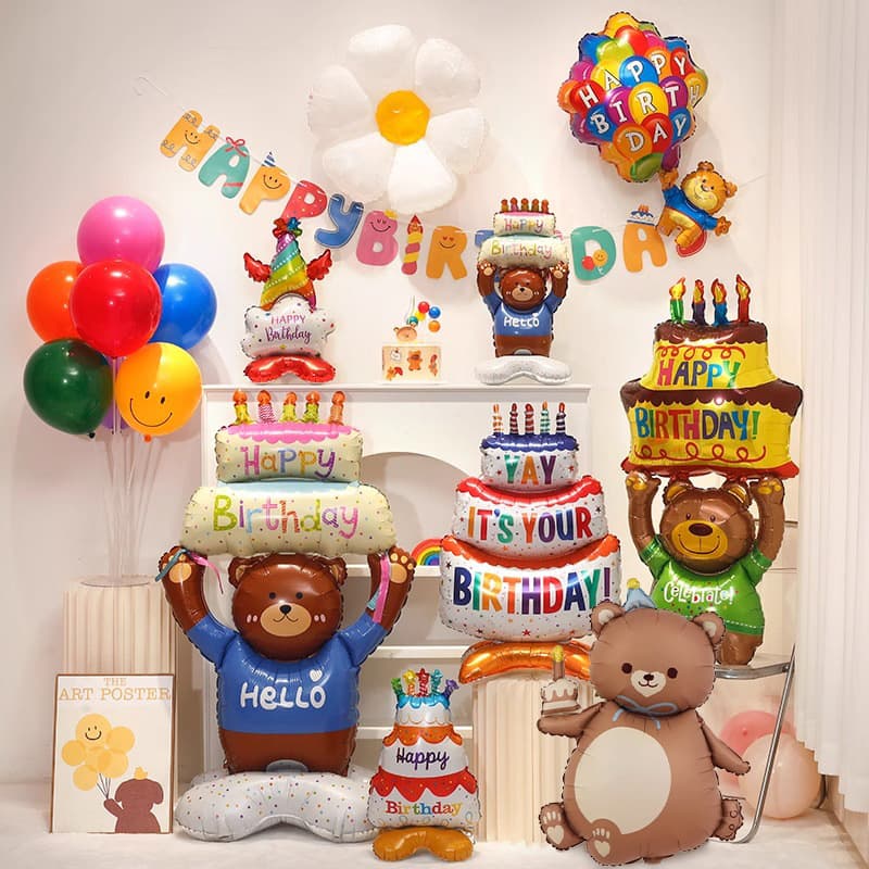 Candle Cake Bear Balloon Standing Base Aluminum Film Balloon Birthday Party Layout Scene Decoration Atmosphere Supplies