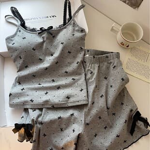 New Women's Pajama Set with Built-in Bra Pads, Summer Cute Sexy Camisole Two-Piece, Gray Bowknot Loungewear Set