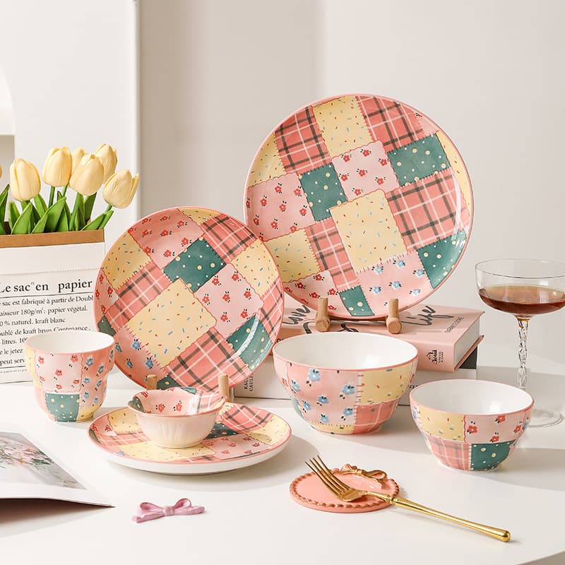 Trendy Colorful Cloth Pattern Bowl Plate Set - Ceramic Household Rice Bowl, Cute High-Temperature Resistant Underglaze Color Deep Plate