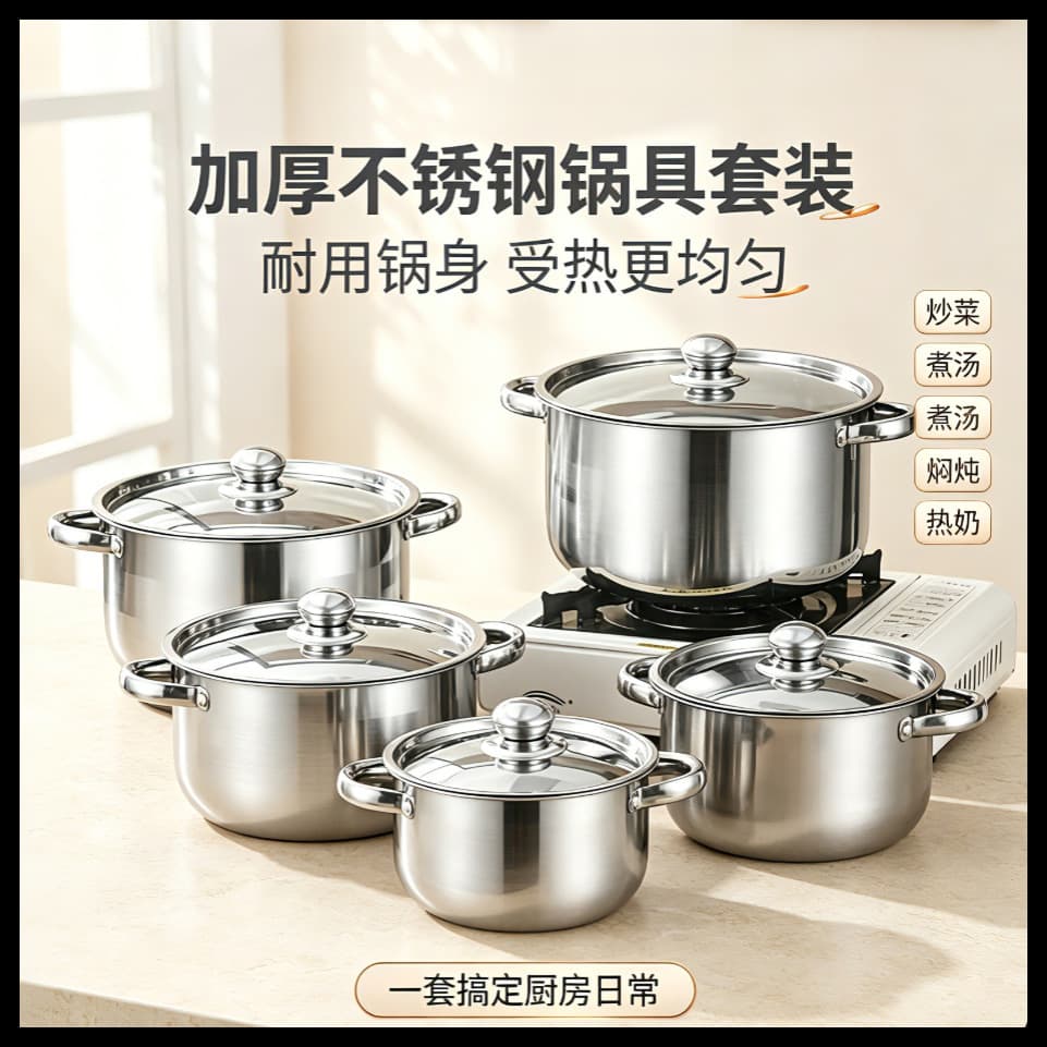 Cross-border style pot 10PCS stainless steel set pot steel lid stainless steel double-ear soup pot set cookware set
