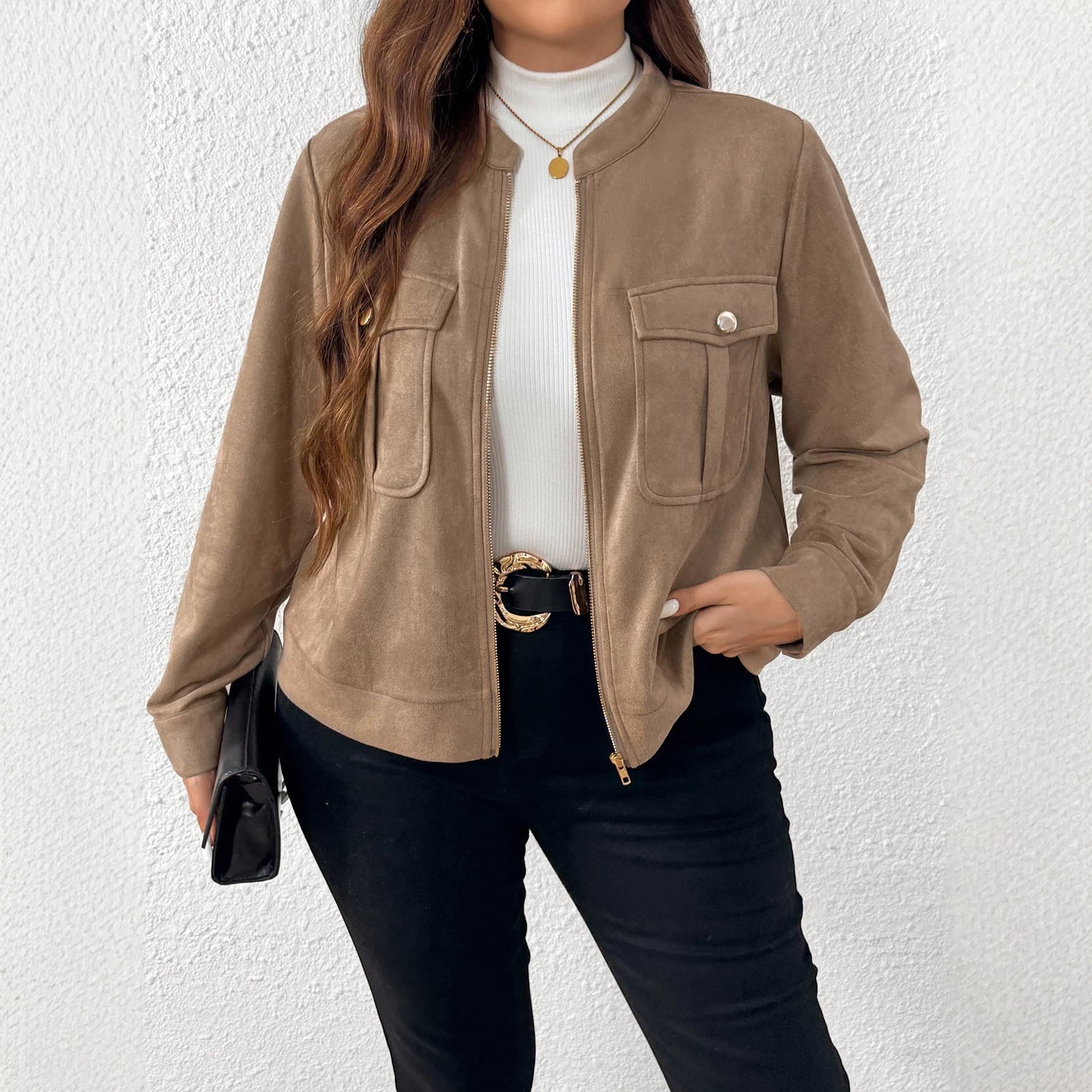 2026 cross-border foreign trade plus size women's autumn and winter casual loose chest pocket stand collar zipper long sleeve jacket