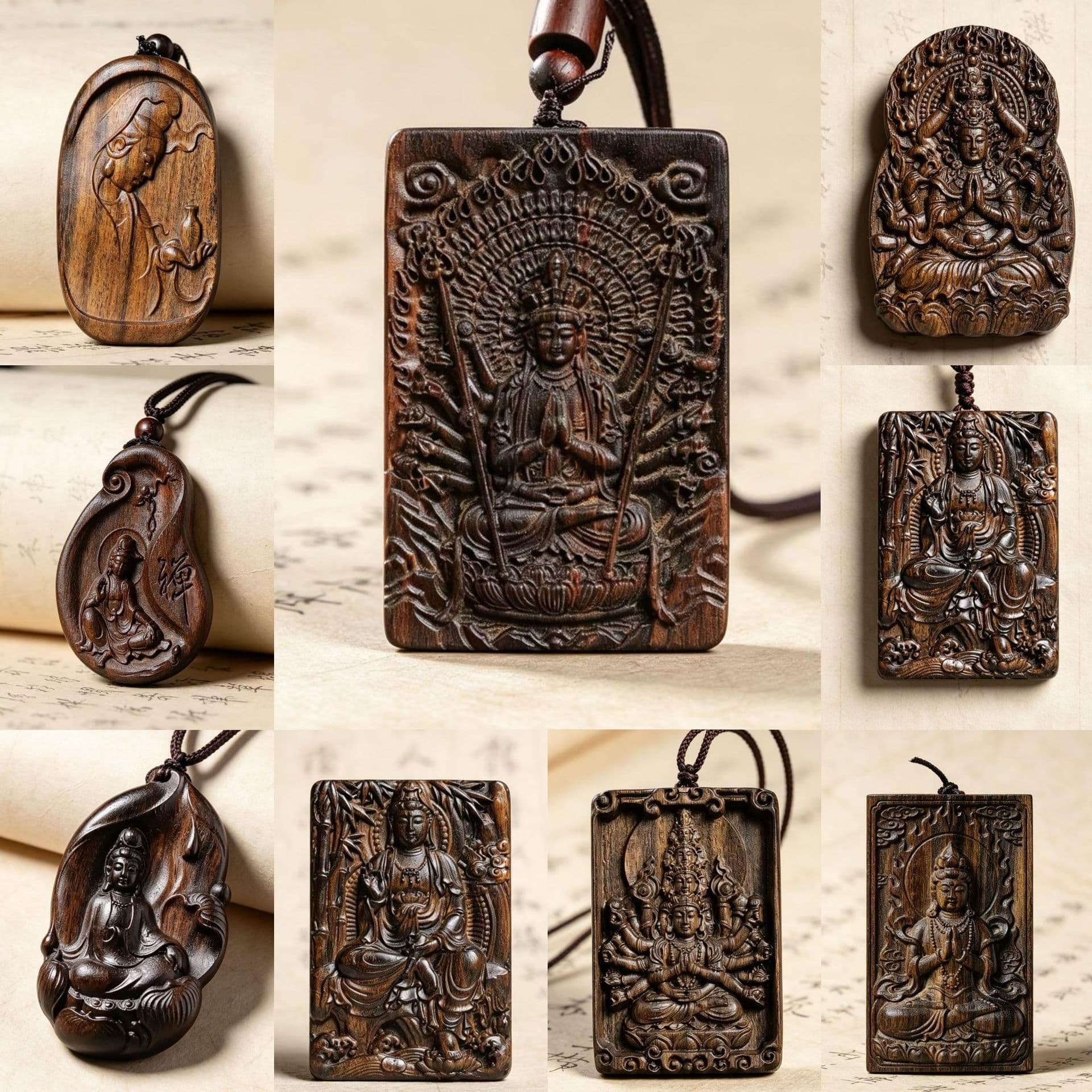 Agarwood pendant 46 Wushi brand carved Guanyin single-sided Thousand-hand Tara wooden pendant pendant imitation agarwood pendant