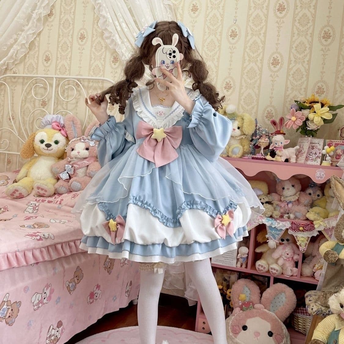 Lolita complete set, in stock, Lolita sailor collar, long-sleeved tulip dress, long-sleeved dress with accessories.