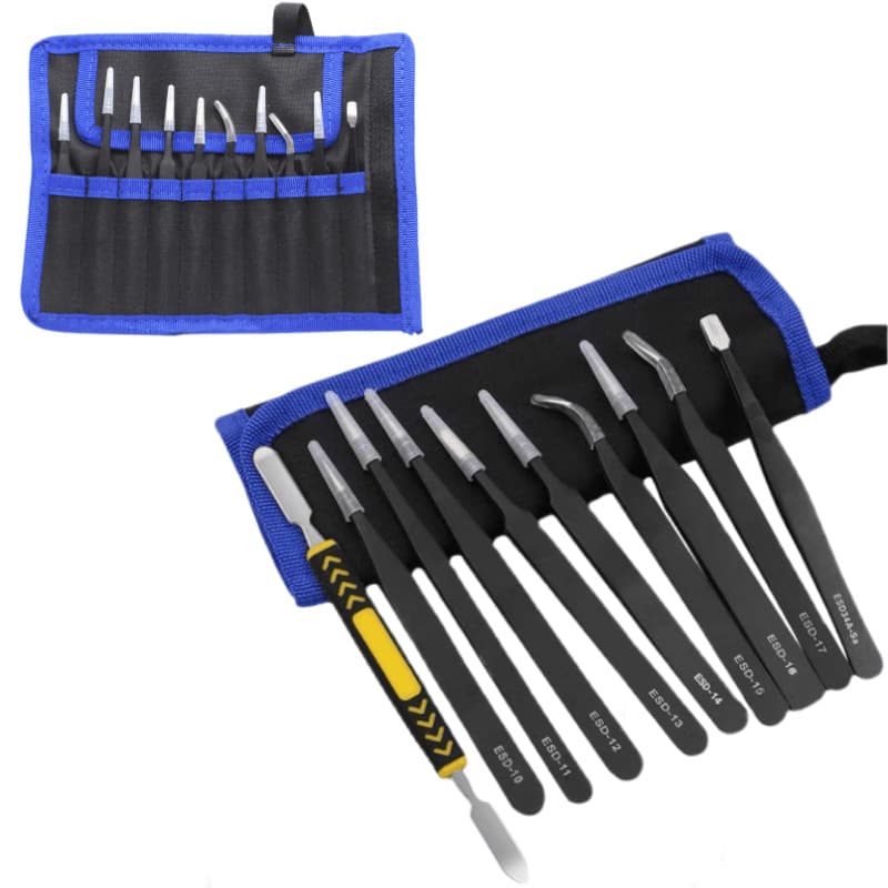 Anti-static Curved and Pointed Stainless Steel Tweezers Set in Canvas Bag, Industrial Tweezers Kit with Pry Bar and Clips
