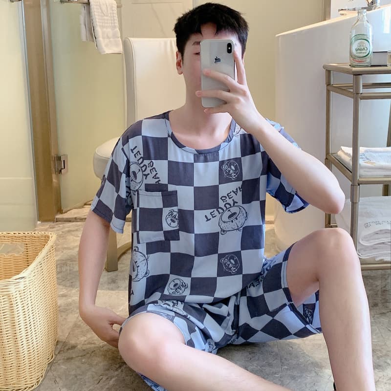Men's Cotton Silk Sleepwear Short Sleeve Lightweight Home Clothes Summer Comfortable Breathable Plaid Casual Outfit Round Neck