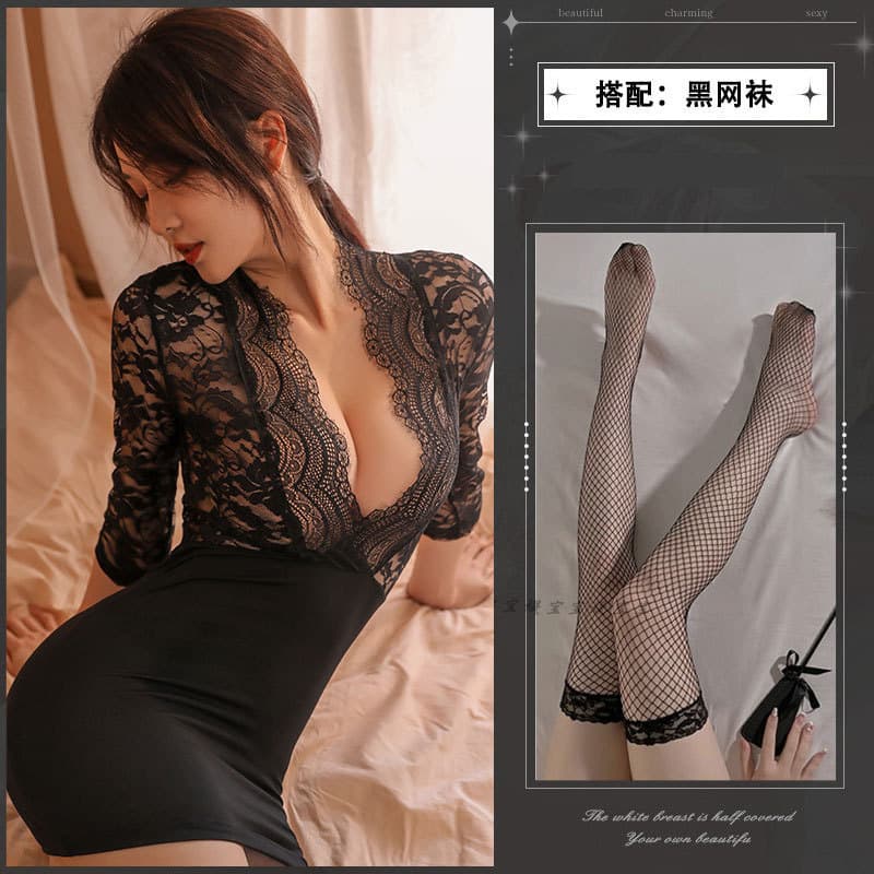 Sexy Transparent Lingerie Secretary Uniform Tempting Lace OL Bodycon Skirt Bedroom Roleplay Sleepwear