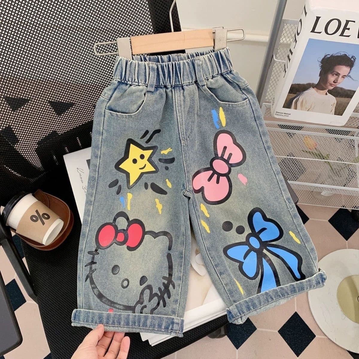 New Girls' Versatile Spring/Autumn Casual Pants Kids Cartoon Graffiti Loose Denim Straight-Leg Long Pants