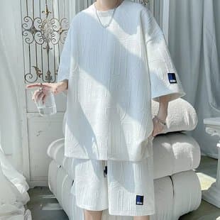 Waffle Texture Casual Set for Men Summer Youth Sport Short Sleeve T-Shirt and Shorts Combo