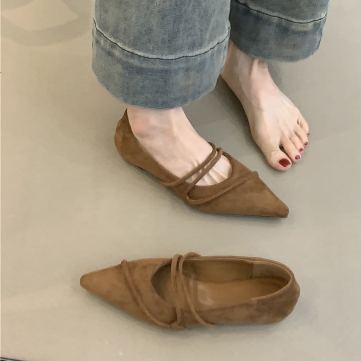 Soft Leather Version~Retro One-Strap Ballet Flats with Hidden Height Increase, Shallow Cut, Elegant French-Style Pointed-Toe Mary Jane Women's Shoes