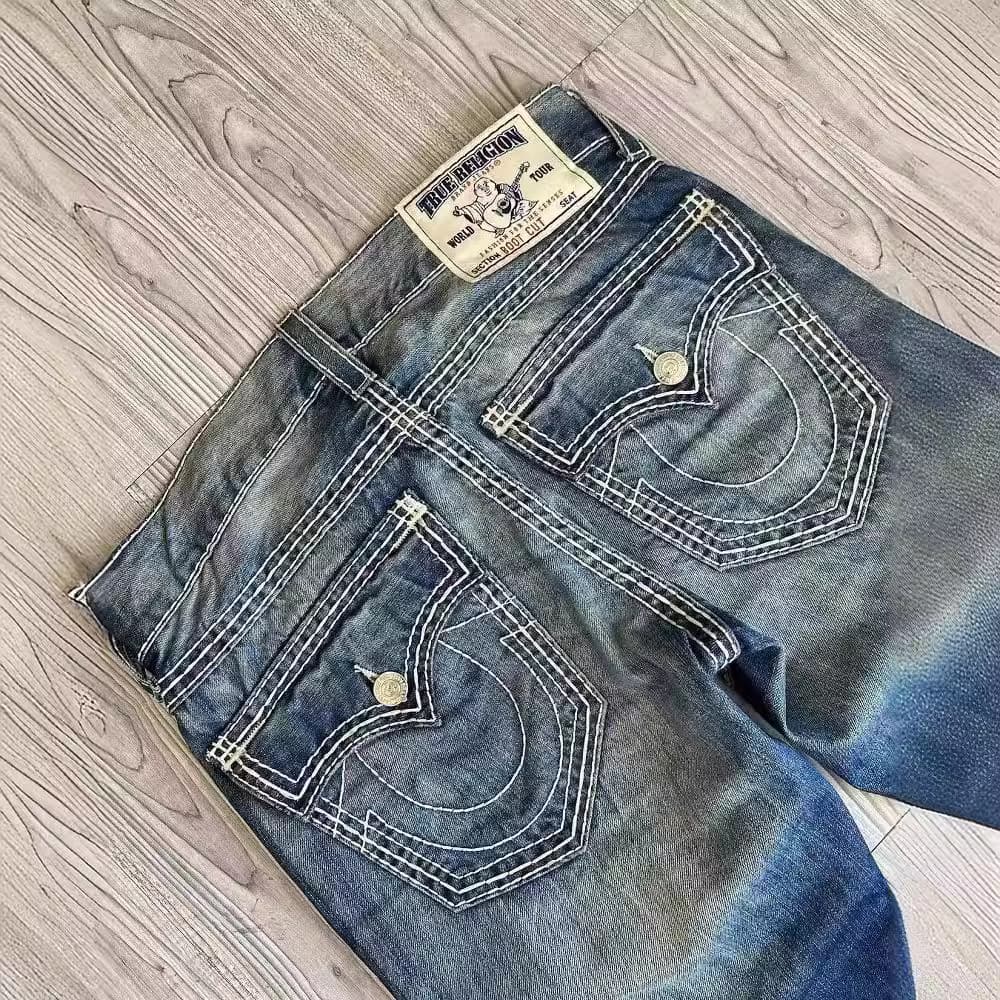American High Street Style Men's Straight Leg Jeans White Thick Line Large Buddha Casual Pants Comfortable Cotton Workwear