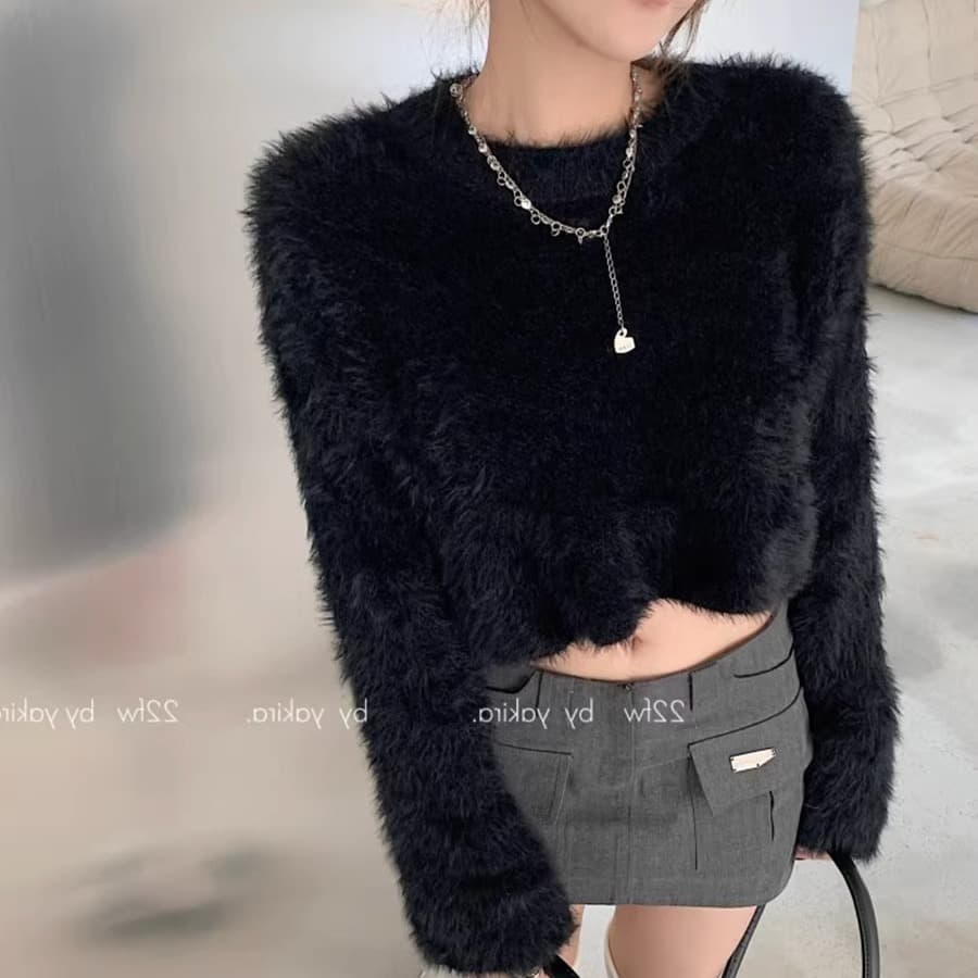 French Retro Short Imitation Mink Fur Sweater Women Autumn/Winter Design Niche Knitwear Top Short Outerwear Trendy