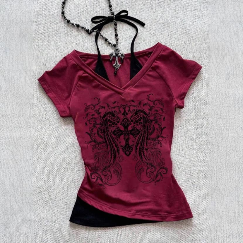 2026 Amazon Hanging Neck Retro Summer Guitar Wing Print Y2K Short Sleeve Pink Printed T-Shirt Women's Clothing Wholesale