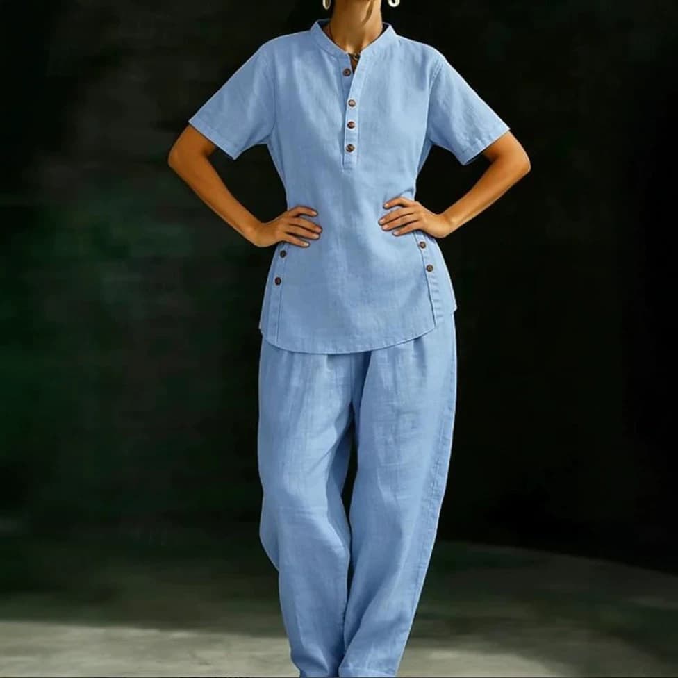 Amazon 2026 EU/US Summer New Solid Color Round Neck Fake Button Short Sleeve T-Shirt and Pants Two-Piece Set for Women