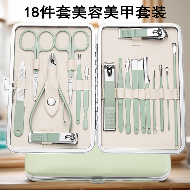 Cross-border Stainless Steel Nail Clipper Wholesale Full Set Matcha Green Nail Scissors 18-Piece Set In Stock Manicure Nail Art Tools