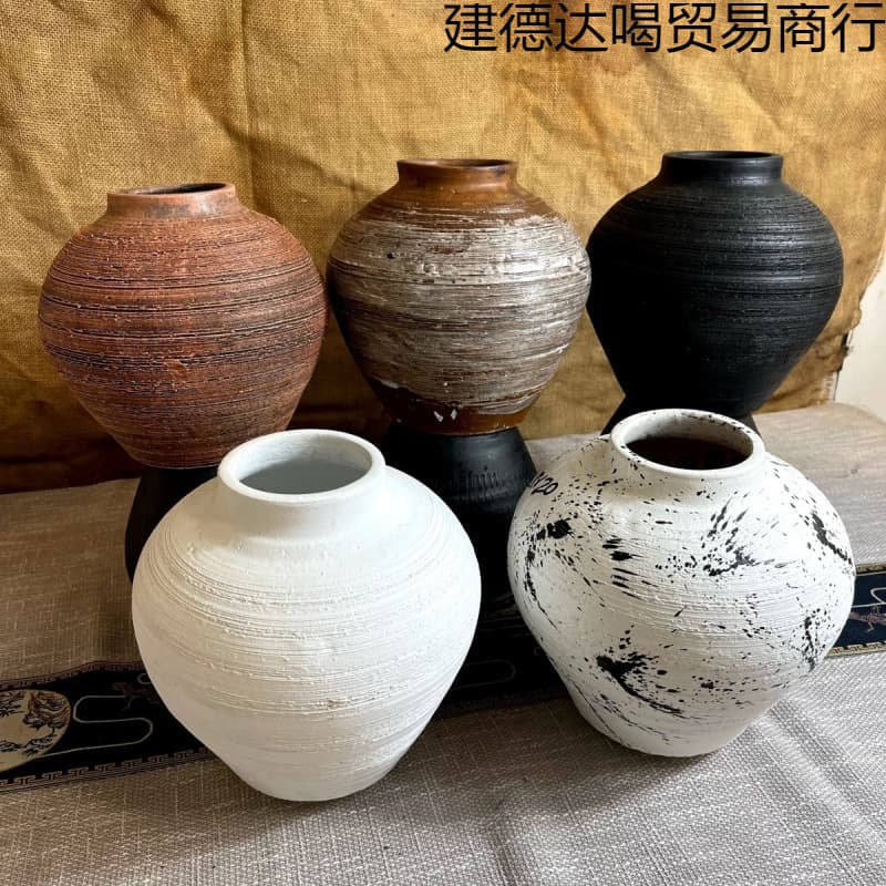 Chinese-style Vintage Handcrafted Vase, Large Mouth for Dried Flowers, Coarse Pottery Ceramic Vessel, Water Culture Planter, Wabi-Sabi Style Vase