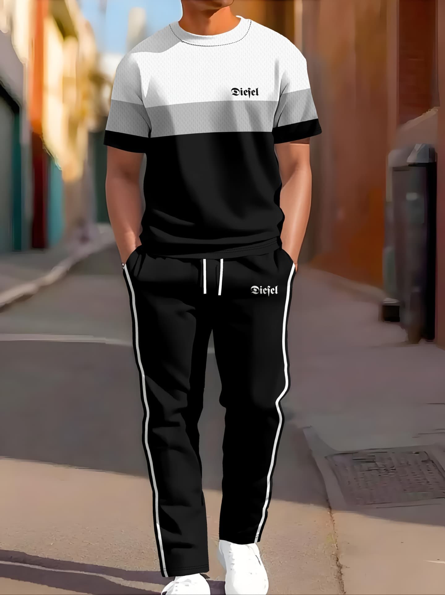 New Men's Cross-Border Summer-Fall Casual Sport Short Sleeve and Long Pants Printed Two-Piece Set