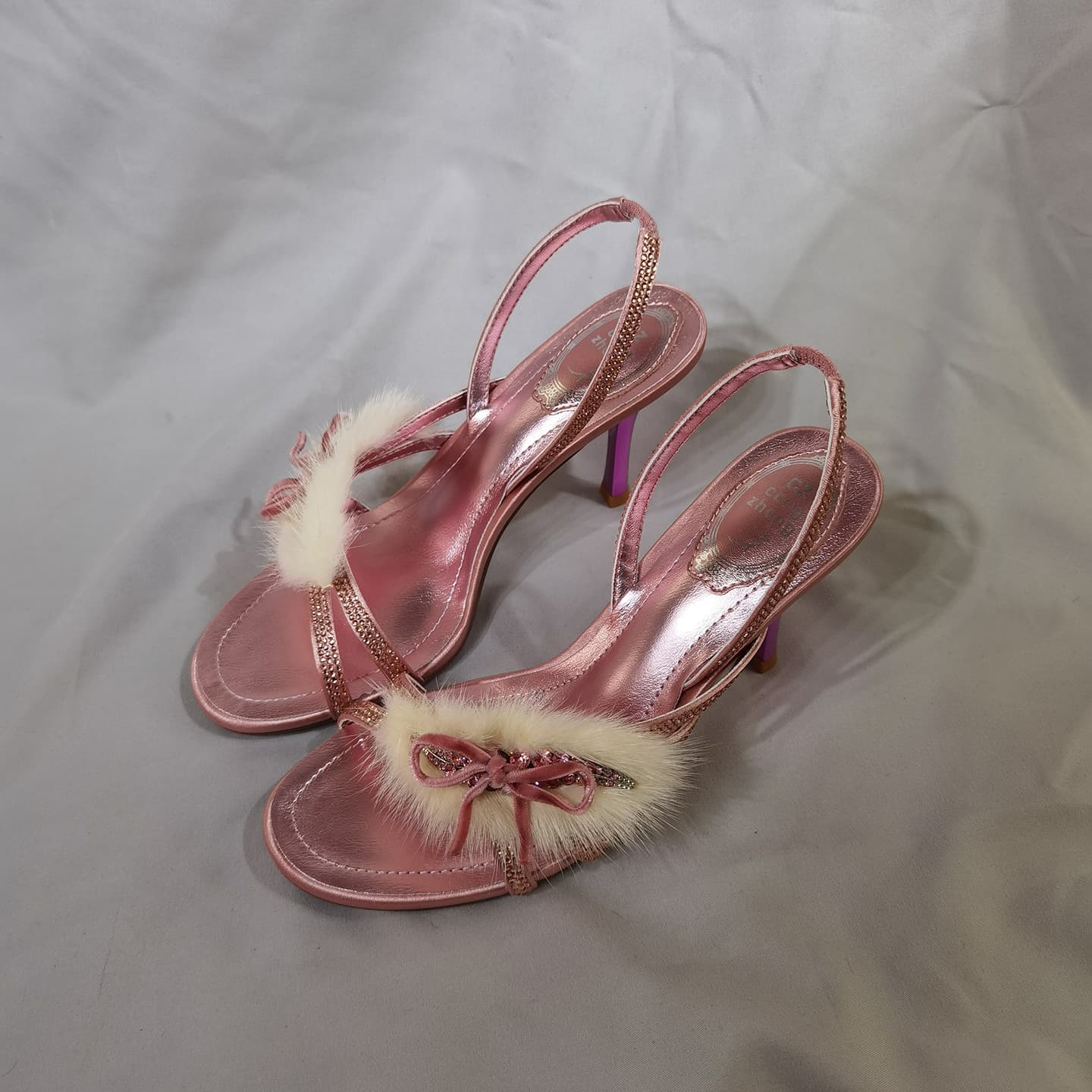 Luxury Mink Hair Thin Heel Sandals for Women Banquet Party Open Toe High Heels Rhinestone Pink Slides 2026 New