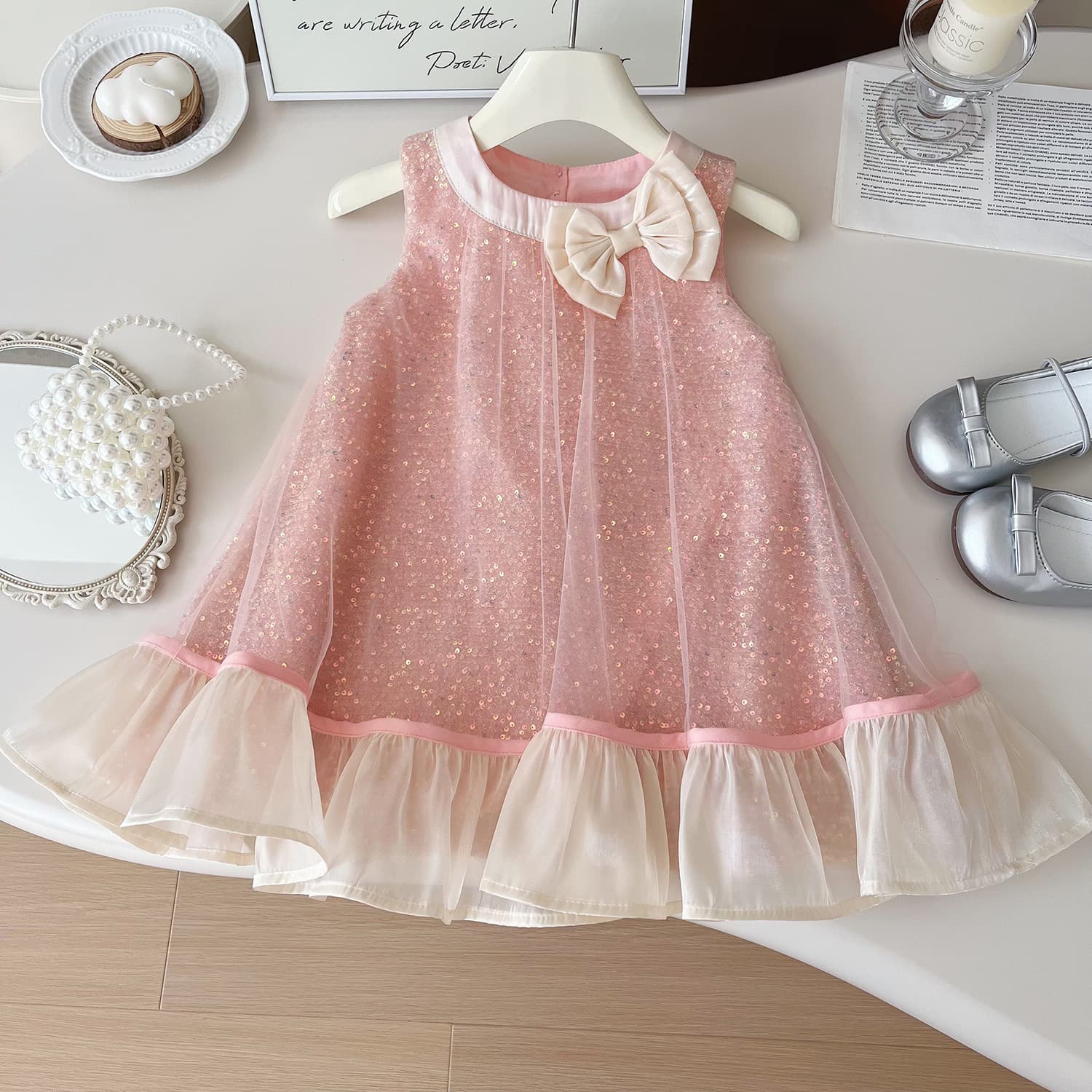 2025 Summer New Girls Sleeveless Bow Mesh Dress Cute Elegant Princess Dress 24268