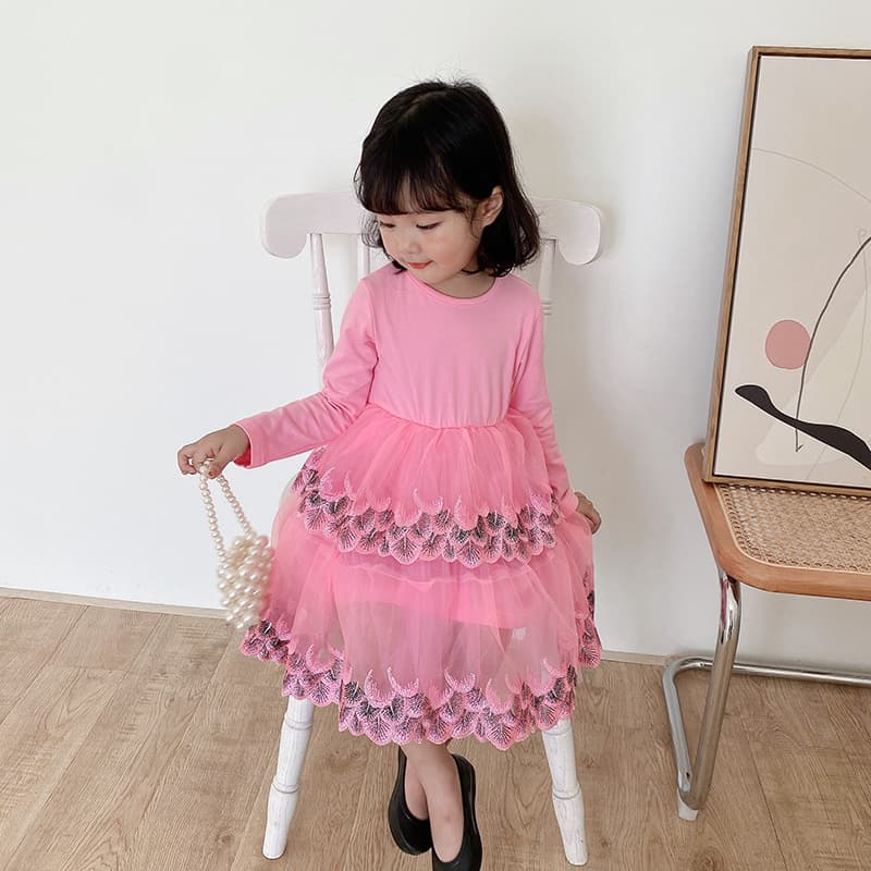 Amazon Three-dimensional Feather Embroidered Mesh Girls Dress Cake Dress Long Sleeve Children's Princess Dress