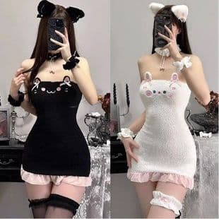 Sexy Anime Maid Cosplay Catgirl Plush Uniform Busty Alluring Dress