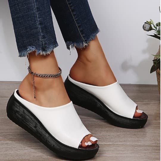 Platform Slippers Black High Quality White Wedge Heel One-Strap Slippers for Women Summer Outdoor Ethnic Style Cork Fish Mouth