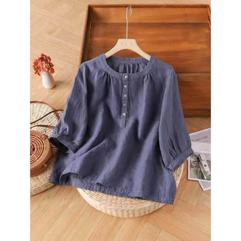 Vintage Cotton Linen Blouse for Women, Three-Quarter Sleeve, Spring/Summer New Arrival, Pure Cotton Loose Fit Tummy-Hiding Top, Plus Size Mother's Shirt