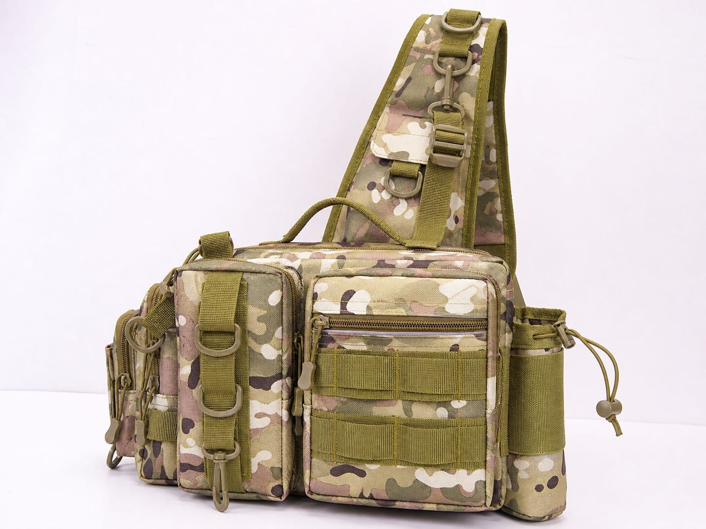 Cross-Border Fishing Tackle Lure Bag with Rod Holder, Multi-Functional Waist Pack, Single-Shoulder Chest Bag, Tactical Camo Outdoor Cycling Travel Bag
