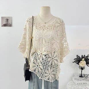Lace Hollow Knit Top for Women, New Summer Loose Sun Protection Top, French Niche Design Short Air-Conditioning Sweater