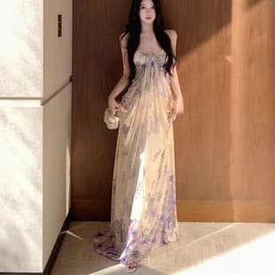 Vacation Style Design Wisteria Heart Floral Off Shoulder Camisole Maxi Dress Gown Fairy Dress Women Summer
