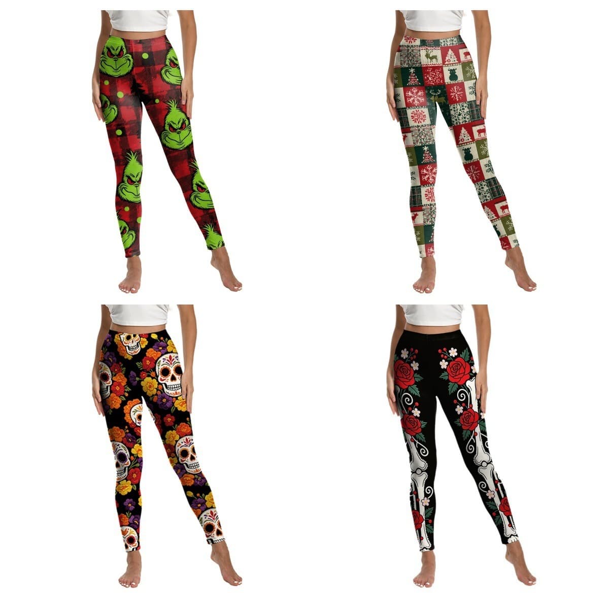 New Halloween style Christmas women's high waist tight leggings retro knitted reindeer Christmas tree print yoga