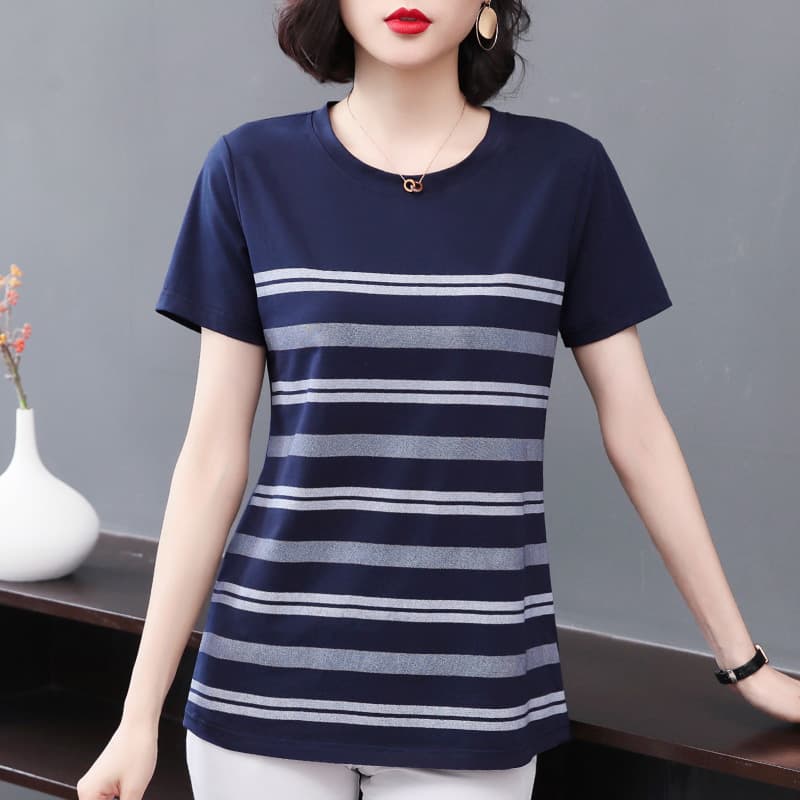 Plus Size Round Neck Short Sleeve T-Shirt for Women Casual Summer New Style Middle-Aged Mother Striped Top