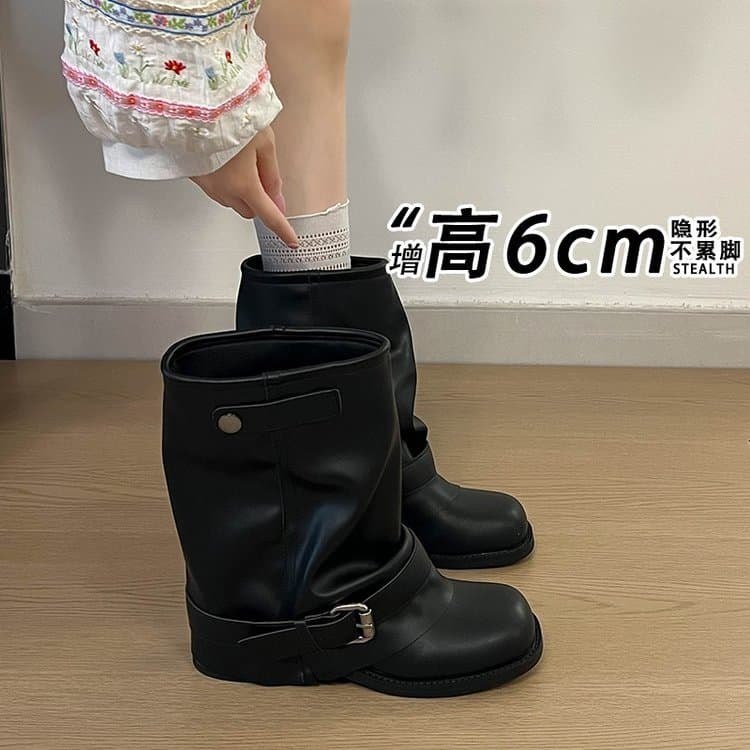 Genuine leather~Inner heightening Western cowboy pile boots for women 2026 autumn pleated trouser short boots retro knight Martin boots