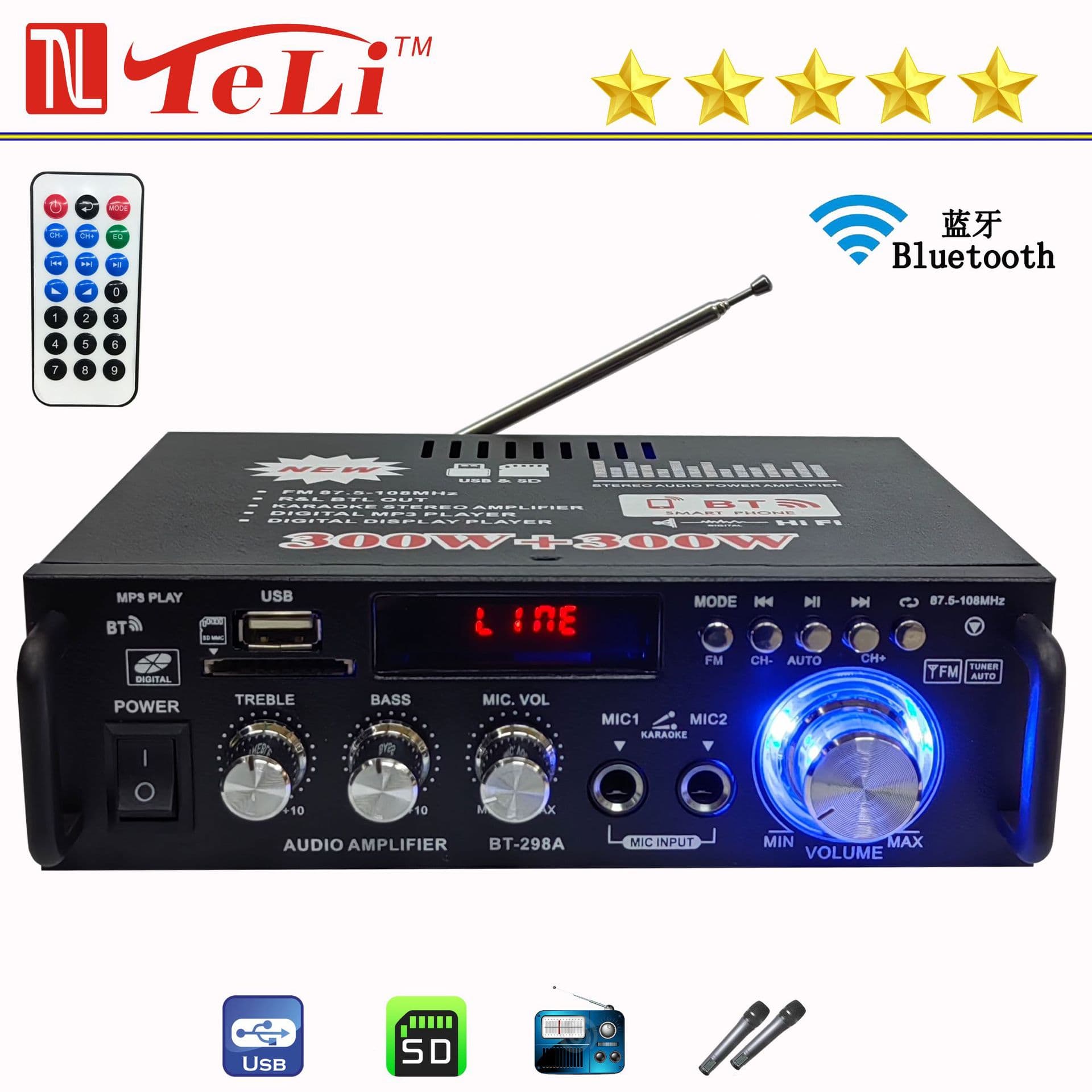 Cross-border Trade Mini BT-298A Bluetooth USB Radio 12V/220V AC/DC Car and Home Amplifier