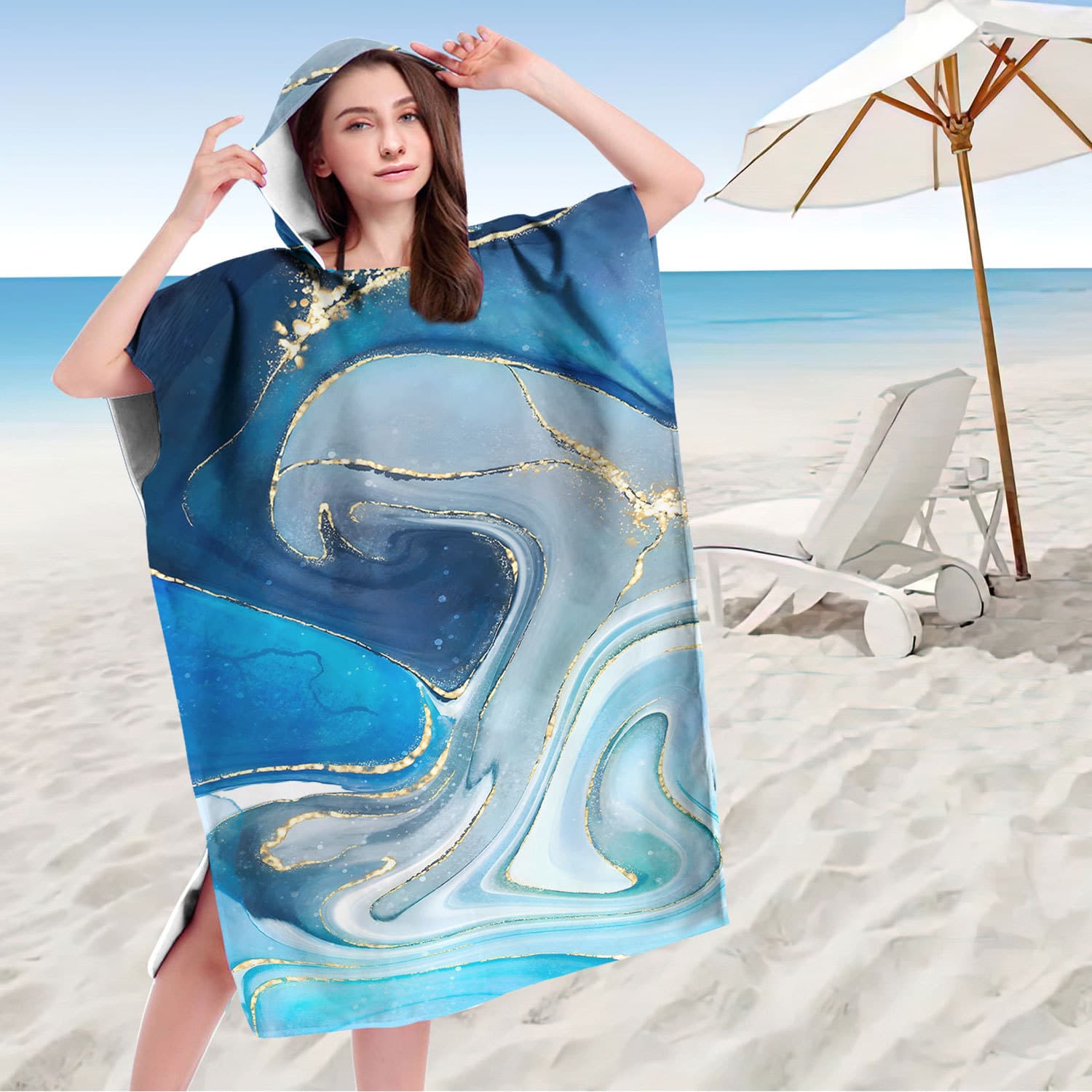 Hooded Wearable Bath Towel Beach Towel Cape Seaside Changing Towel Printed Hooded Towel Microfiber Geometric Series