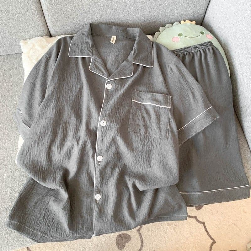 Light luxury pajamas for men, summer cloud cotton pop-up short-sleeved thin summer teenagers can go out home wear set