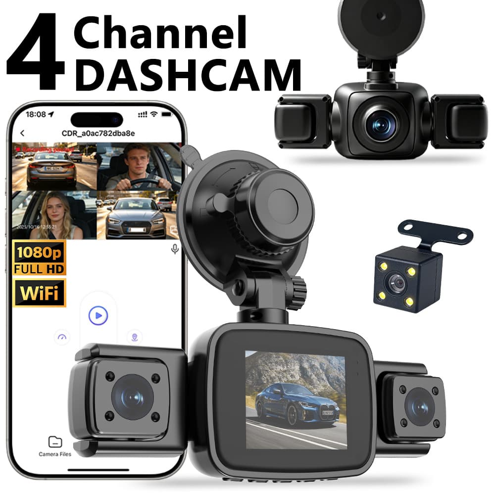 Cross-border new four-lens 4-record driving recorder 1080P high-definition night vision WiFi mobile phone interconnection 360 panoramic view