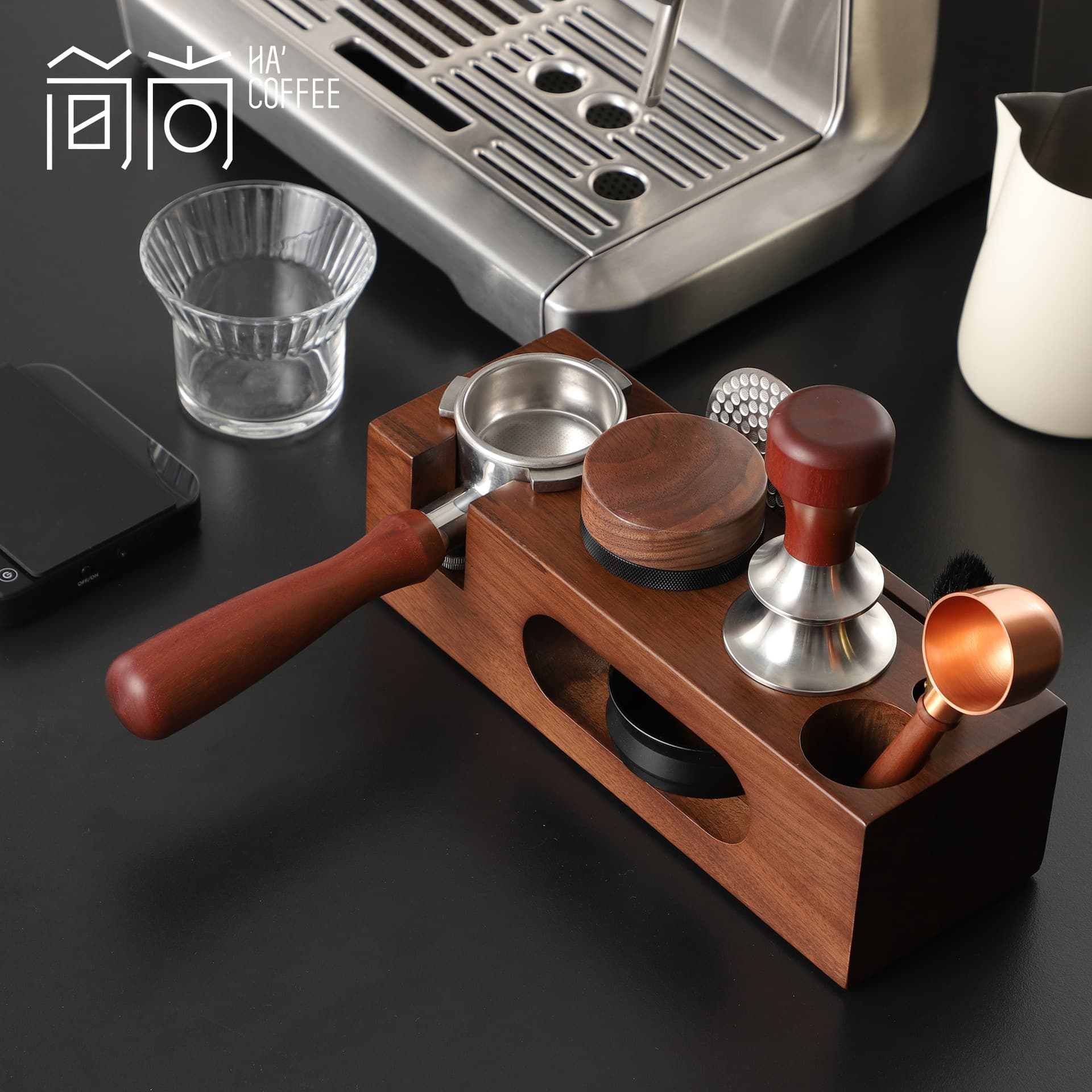 Coffee Tamper Base, Solid Wood Tamping Base, Coffee Distributor, Tamper, Handle Brush Storage, Espresso Accessories Set