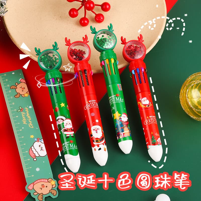 Sequined Christmas 10-color ballpoint pen ten-color push-type notebook pen student prizes Christmas gift stationery