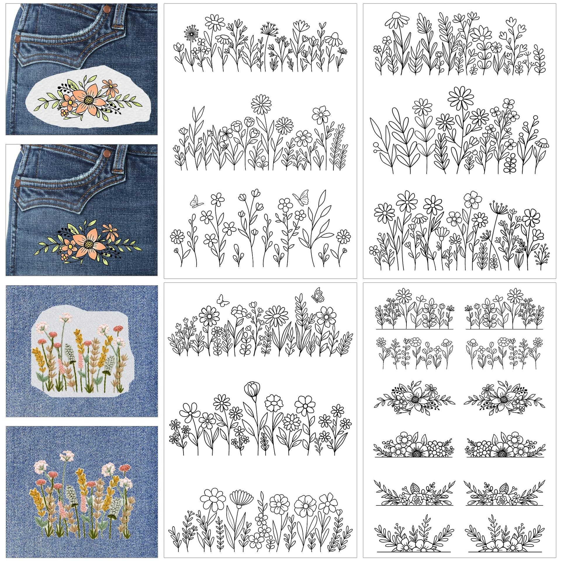 4 Sheets A4 Country Style Floral Pattern Adhesive Water-Soluble Embroidery Stabilizer, Includes 9 Types of Embroidery Stitch Videos