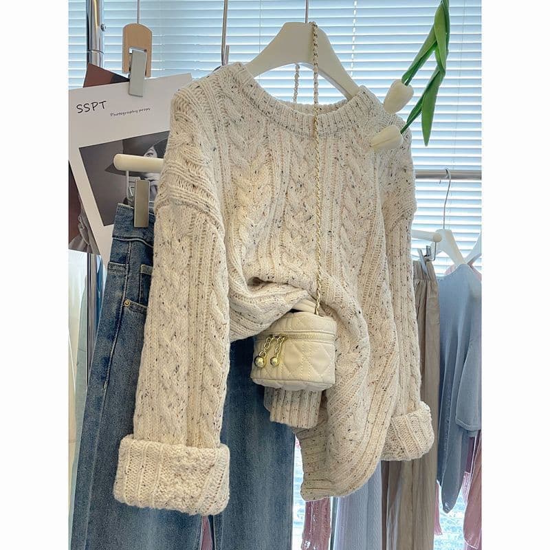 Korean style cable knit pullover wool sweater for women, new autumn and winter round neck loose and casual retro thick knit sweater