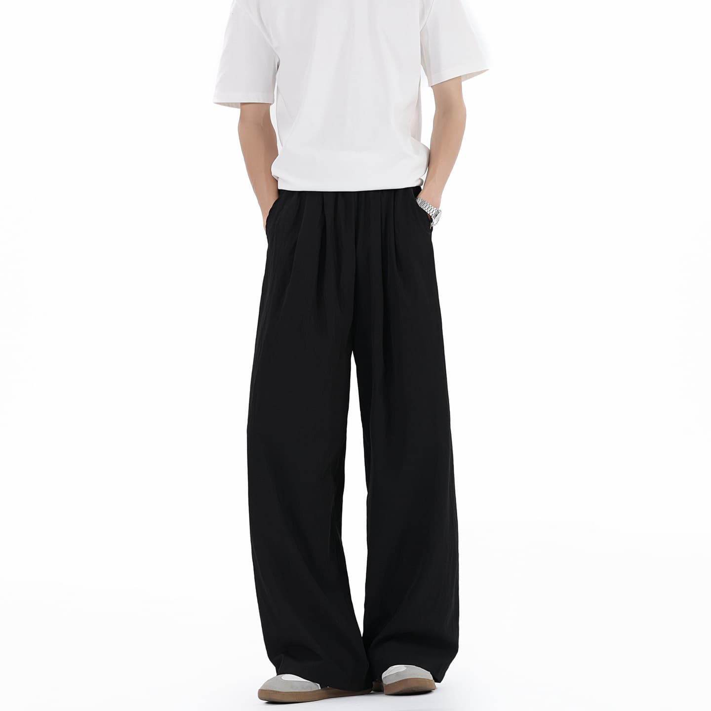 2025 Summer New Men's Plus Size Ice Silk Droopy Lazy Style Yamamoto Pants Floor-Length Light Blue Wide Leg Casual Pants