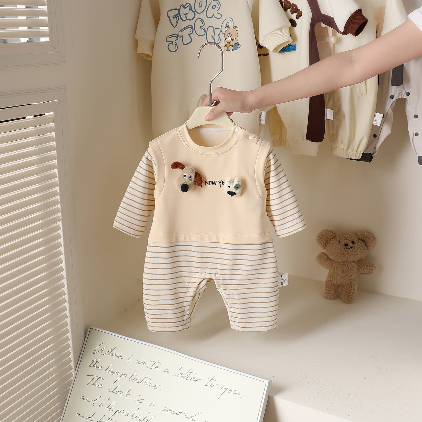 Newborn Baby Fall New Bodysuit Cartoon Cute Infant Long Sleeve Outwear Faux Two-Piece Autumn Romper