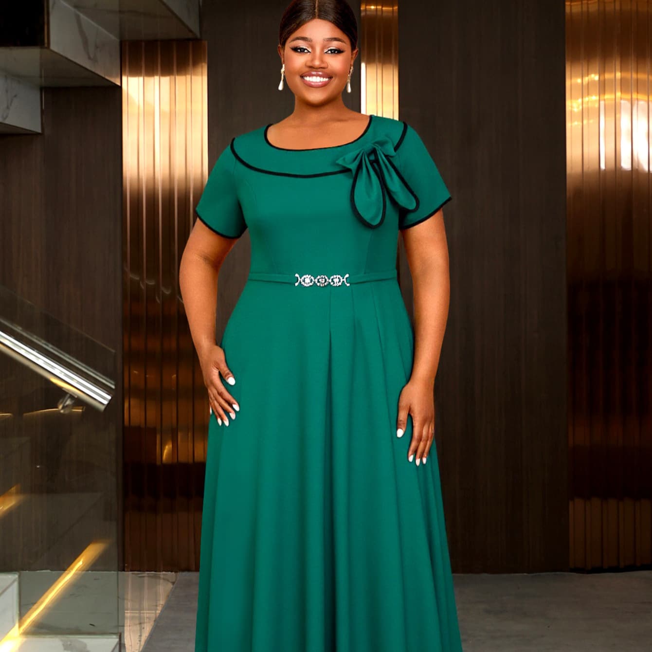 Large size lapel bow contrasting edge A-hem short-sleeved belt-embellished dress lake green Dress party