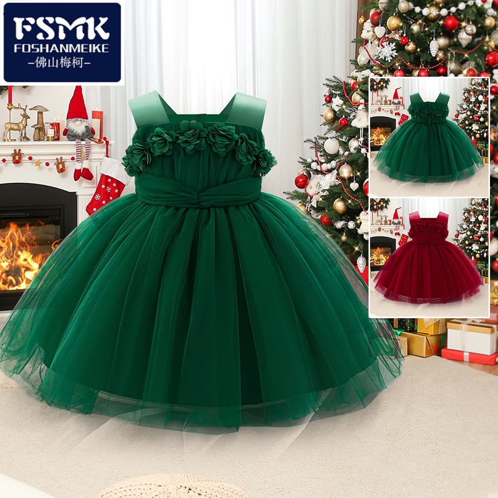 Princess Dress for Girls with Strap 3D Flowers Cute Tulle Skirt Baby One Year Old Birthday Dress Cotton Polyester Blend
