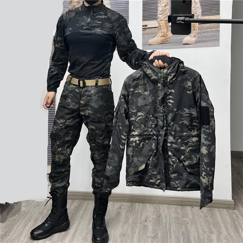Autumn Winter Men Women Outdoor Tactical Camouflage Set Security Performance Costume Tapered Pants New Frog Suit Anti-scratch Fleece Lined Warm Cotton