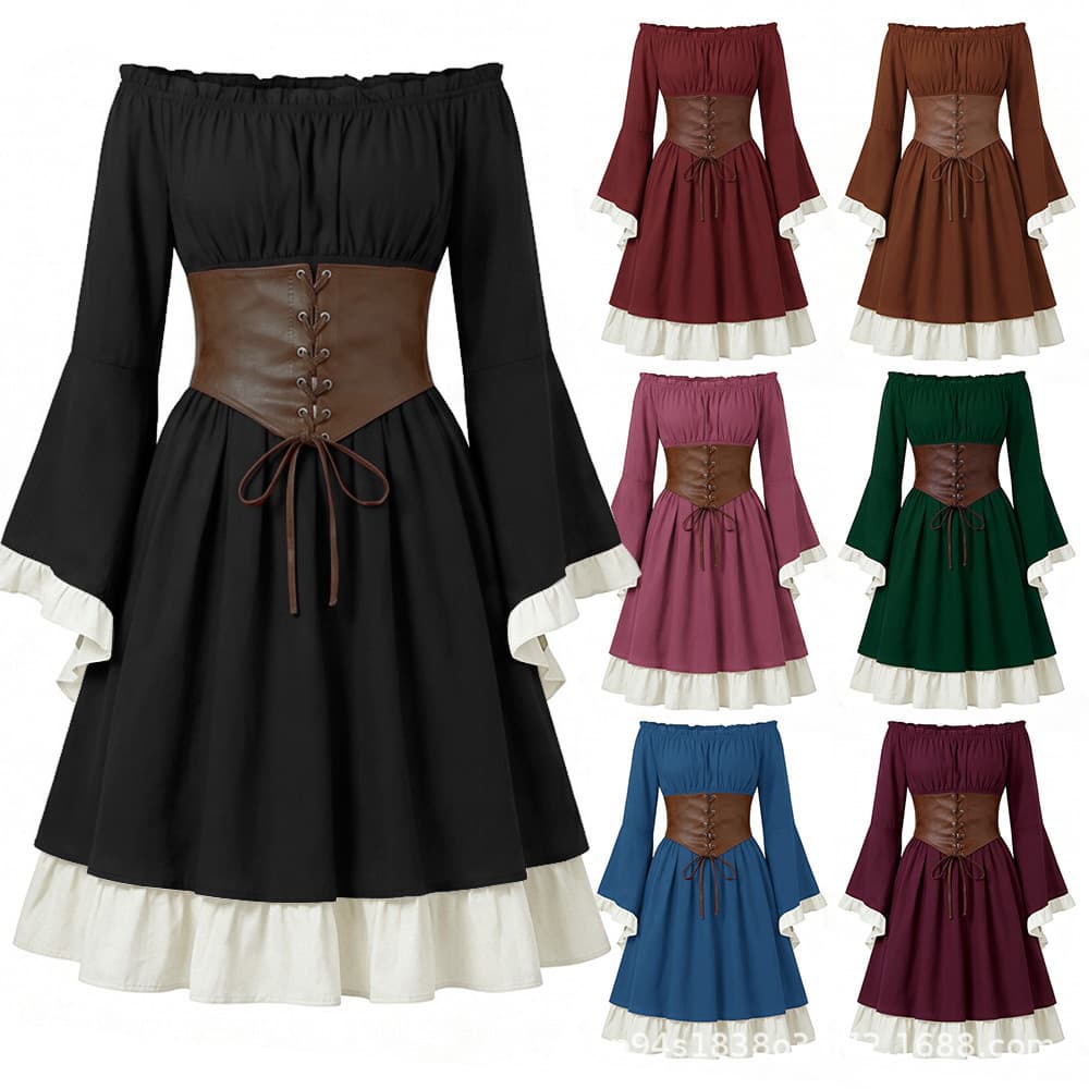 Halloween Amazon Europe and America Medieval Renaissance Belted Retro Dress Pirate Performance Costume