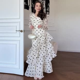 2026 Amazon Cross-Border New European and American Women's French Ruffle Polka Dot V-Neck White Slim Fit Long Dress