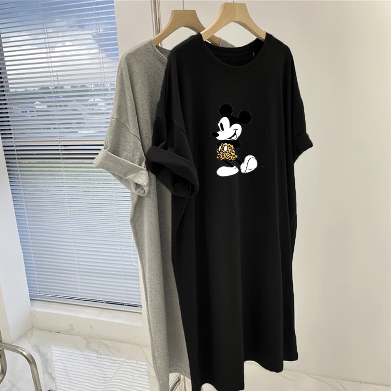 Plus Size Loose Over-the-Knee Long Skirt 2024 Summer New Style Nightdress Women's Long Short-Sleeved T-Shirt Skirt Age-Reducing Dress